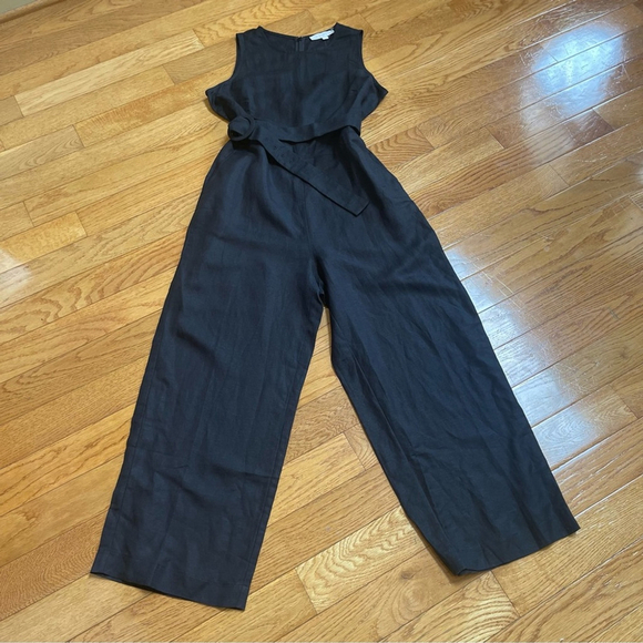 LOFT black linen jumpsuit romper wide leg pants belted Sz 6 - Picture 10 of 16